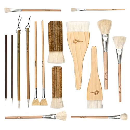 LEYCLUB Pottery Glaze Brushes 16 PCS Painting Ceramic Brush Set Different Shape Wool Soft Bristle for Ceramic Pottery Glazing Creation