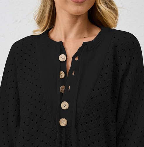 Women Oversized Button Down Hollow Out Crochet Sweater Pullover Drawstring Henley Neck Long Sleeve Knit Crochet Tops 5