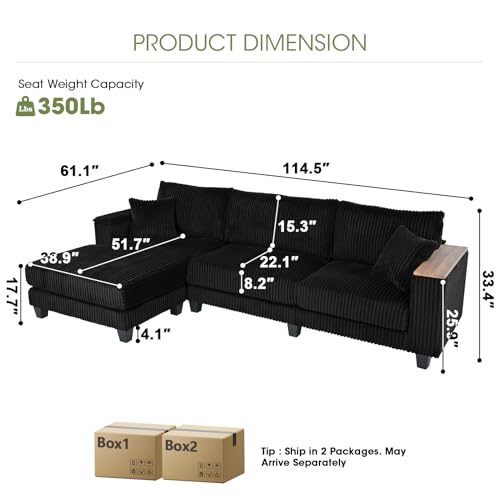Image of 114.5 inch Corduroy Couch Sectional with Reversible Chaise with 2 Pillows Oversized Couch L Shaped Sofa with Two Armrests Hidden Storage Space Sectional Couches for Living Room Black