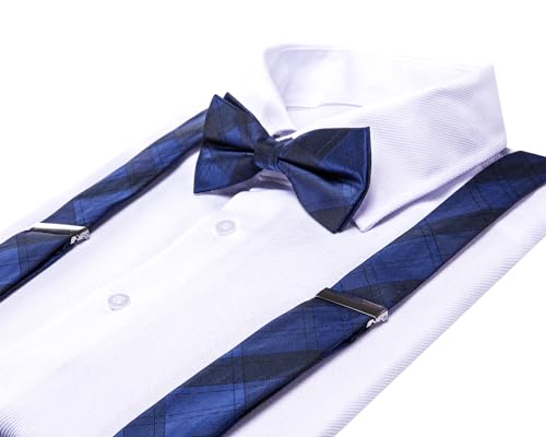 Image of Dubulle Suspender and Bow Tie for Men Paisley Solid Mens Suit Braces Pretied Bowtie and Handkerchief Cufflinks Formal Wedding