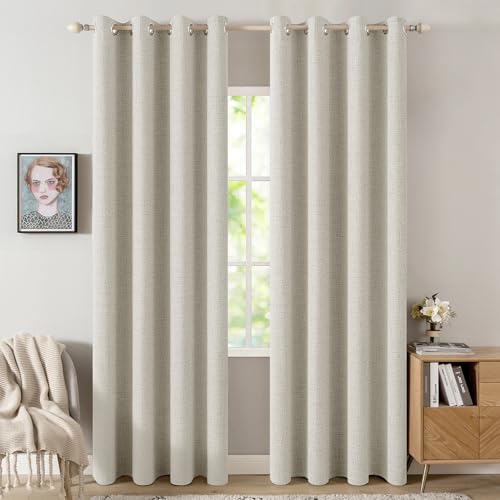 Image of MIULEE Linen Texture Curtains for Bedroom Light Cream 100% Blackout Thermal Insulated Linen Curtains Grommet Room Darkening Draperies for Living Room 52x96 Inch (2 Panels)