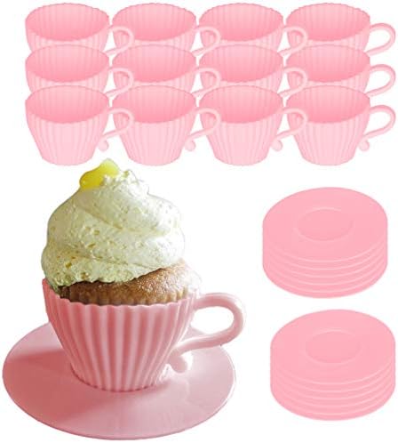 Evelots 24 Piece Set Oven Safe Silicone Mold Teacup Shaped Cupcake Baking Set (12 Cups/12 Saucers)-Reusable Food Grade BPA Free-2 Colors