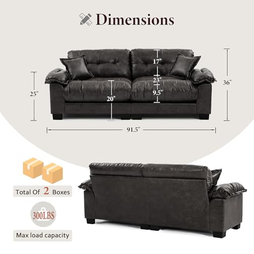 Image of Faux Leather Sofa, Mid Century Modern Leather Upholstered Deep Loveseats, Comfy Cloud Couch, Tufted Pillow Top Arm Furniture for Living Room, Apartment, Chocolate