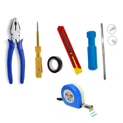 Plier ( Length 8.5 Inch ) Pilaas With Electric Tester 127mm/5.5'' Spark Detecting Screwdriver 3mm 500V AC & Black Tape & Polo Cutter Polo 09MM Snap-Off Cutter For Art Work & Office Use -Made Of Plastic For Longer Use And Durability Rust Resistant 18 Mm Blade & 2in1 Screwdriver And 3m Inchtape