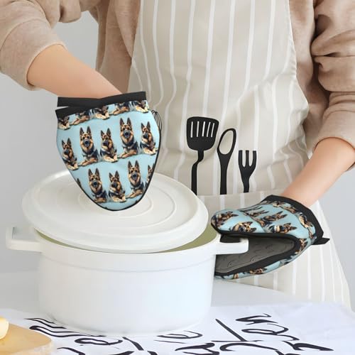 Ofenhandschuhe, hitzebeständig, deutscher Schäferhund, 1 bedrucktes Futter, Silikon, Mini-Ofenhandschuhe, weiche Küchenhandschuhe, hitzebeständig bis 260 °C, zum Kochen, Backen, Mikrowelle, mit