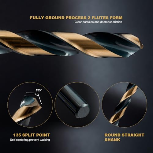 Image of HIDOTOL Drill Bit Set 29Pcs, 135 Degree Tip High Speed Steel with Black and Gold Finish, Stainless Steel, Plastic and Wood with Metal Indexed Storage Case 1 /16 inch-1 /2 inch