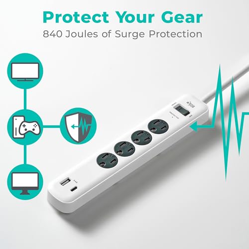 KMC Protector eléctrico con 4 tomas, 1 puerto USB-A y 1 puerto USB-C, protección contra sobretensiones de 840J, cable de extensión de 5 pies, enchufe plano de bajo perfil de 3 clavijas, blanco miniatura 5