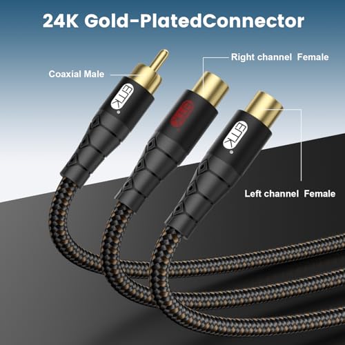 Image of EMK RCA Splitter Cable 1 Male to 2 Female Y Adapter with Copper Shell & 24K Gold-Plated Connector RCA Male to Dual RCA Female Extension Cord Black /1ft /0.3m