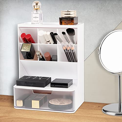 Yarramate Makeup Organizer With Brush Holder Clear Drawer, Cosmetic Display Stand For Lipsticks, Eyeshadow, Nail Polish Jewelry Skincare, Perfume,In Vanity, Bathroom Countertop, Bedroom Dresser, White #TOP1