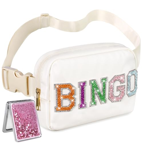 Sequins Letters BINGO Fanny Pack with Quicksand Mirror Nylon Belt Bags Women Girls Makeup Bag for Bingo Game Lovers Lucky Gifts Game Night Party Favors (Beige)