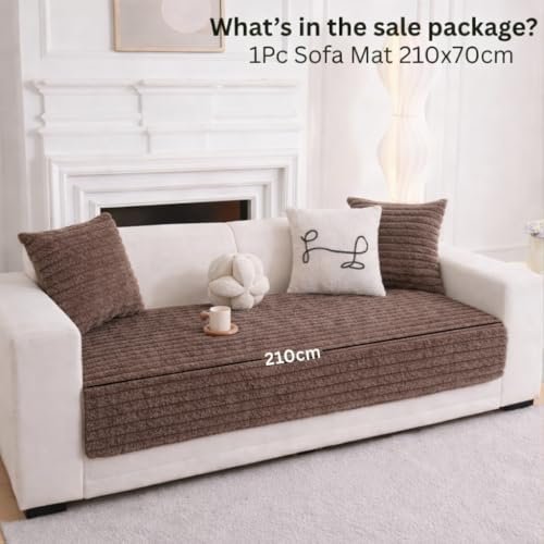 Image of HOMETHREADS 600GSM Thick & Soft Rabbit Fur Plush Sofa Cover-Luxurious Cozy Slipcover, Washable & Pet-Friendly, Anti-Scratch Protector for Sofas (Khaki, 4 Seater | 210x70cm)