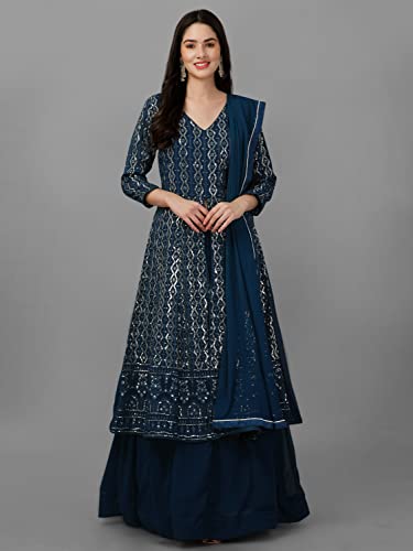 TRENDMALLS Women's Georgette Anarkali Front Slit Indian Pakistani Kurta Lehenga Suit Set4
