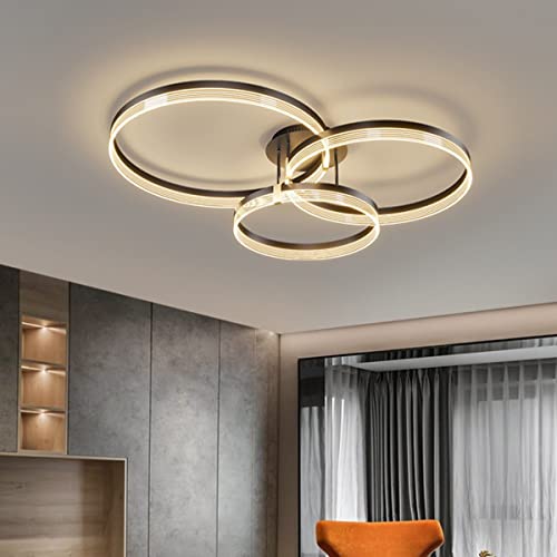 Lustre LED télécommandé et dimmable plafonnier acrylique chic 3 anneaux or pour salle à manger