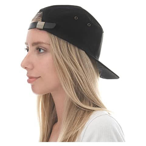 The Hat Depot Made in USA 5 Panel Genuine Leather Brass Closure Flat Brim Biker Cap (Black) Cover