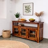 Angel Furniture Sheesham Wood Crockery Cabinet with Three Door in CM 140x40x82 (Honey Finish)