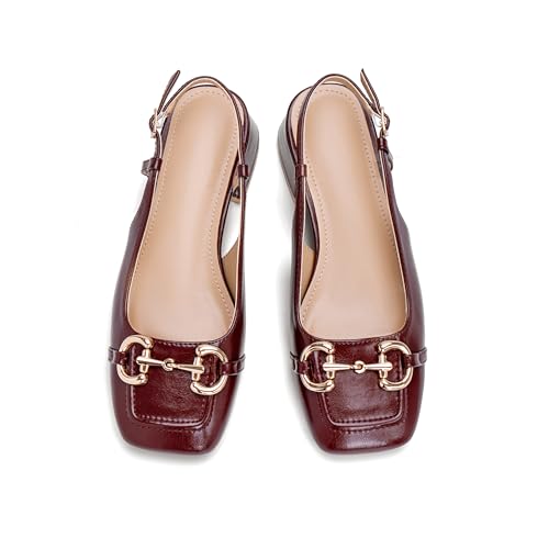 Image of Slingback Mary Jane Heels for Women Low Block Heel Closed Square Toe Pump Shoes Heels Classic Daily Office Dressy Shoes