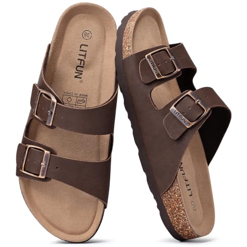 Image of Litfun Unisex Cork Footbed Sandal Summer Slip On Slide Sandals with Adjustable Buckle for Women Men