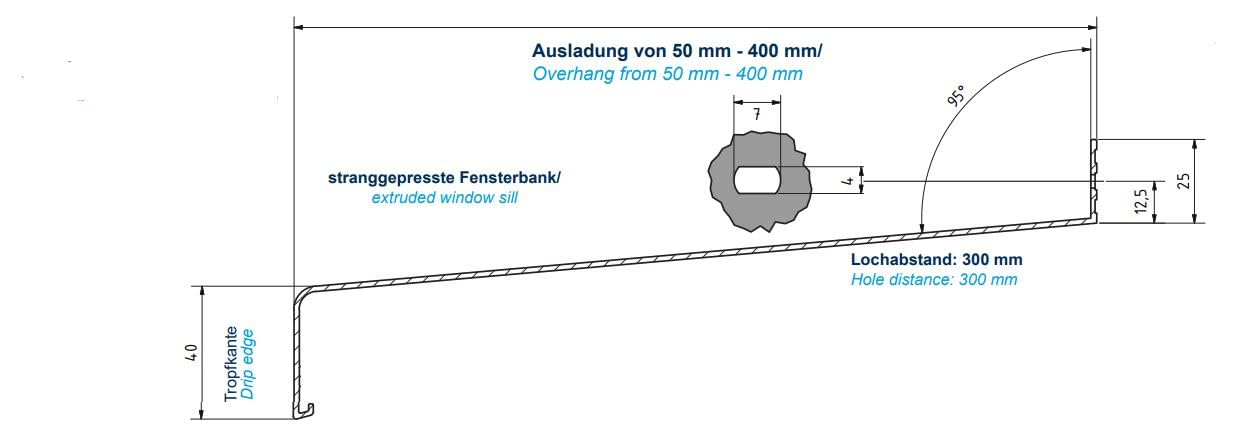 Aluminium Fensterbank silber EV1 195 mm (Gleitabschluss, 500 mm)