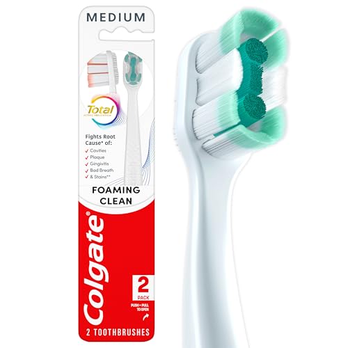 Image of Colgate Total Active Prevention Foaming Clean Medium Toothbrushes, Medium Bristle Toothbrush Pack for Plaque Removal, Helps Reach Deeper Along the Gumline and Between Teeth, White, 2 Pack