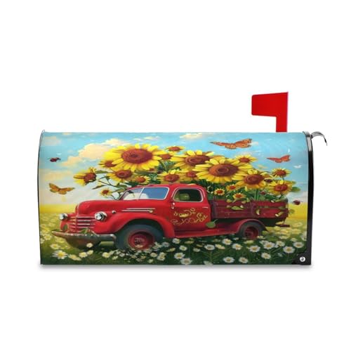 Kcldeci Welcome Flower Truck Magnetic Mailbox Cover MailWraps Spring Old Truck Sunflower Daisy Mailbox Covers Wraps Post Box Standard Size 20.8"(L) x 18"(W) for Garden Yard Outside Farmhouse