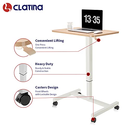 Image of CLATINA Mobile Standing Desk Adjustable Height, Portable Rolling Table on Lockable Wheels for Home Office Computer Workstation 28 inch x 19 inch Round Edge Design Elegant (White)