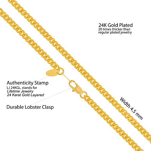 LIFETIME JEWELRY 4.5mm Cuban Link Chain Necklace for Women & Men 24k Gold Plated4