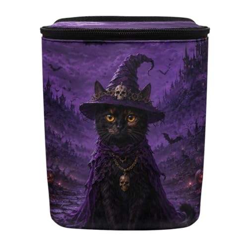 Image of Talayituse Purple Witch Black Cat Print Car Trash Can Portable Auto Garbage Bin Multifunctional Vehicle Interior Accessories with Adjustable Straps Universal Fit Truck SUV Sedan Halloween Decor