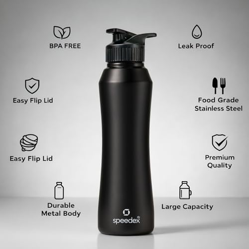 Image of Speedex Stainless Steel Water Bottle 1 Ltr, Leak Proof Sipper Cap, BIS Approved 1000 ml Metal Bottle For Daily, Office, School, Gym, Travel Use for Men, Women, Kids, Adults, Black, Set of 4