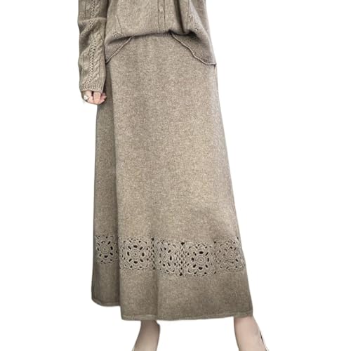 RWGSNB Falda Midi De Lana Delgada para Mujer Falda De Punto De Crochet Color Caqui, Falda De Punto Hueca con Flores para Mujer Falda Elástica De Cintura Alta Una Línea Falda Larga Elegante para Dam