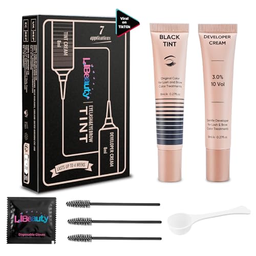 Libeauty Colore per sopracciglia e ciglia, Nero, Kit completo per colorazione facile e duratura delle sopracciglia e ciglia, Include pennello, cucchiaio e guanti, Adatto per principianti e saloni
