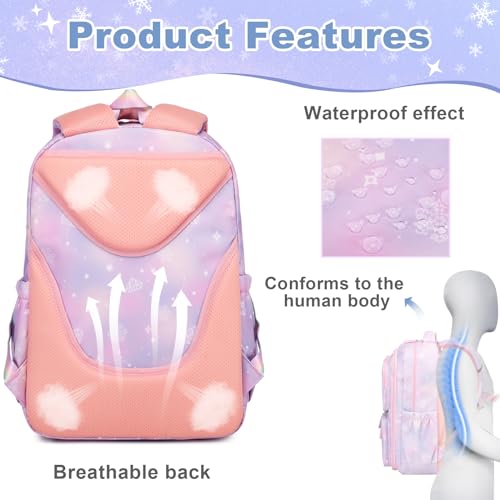 Girls Backpack Set, Kids School Backpacks for Girls with Lunch Bag & Pencil Case, Cute Bookbag School Bag for Kindergarten Preschool Elementary School, Purple4