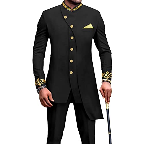 Men`s Suit Slim Fit Embroidery Single Breated Blazer and Pants Set Business Dress Suit African Clothes Black Large