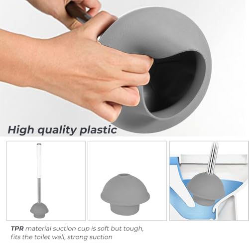 Image of Toilet Brush and Plunger Set with Holder Caddy and Tweezer - Features Plastic Handles and The Lower Parts Covering by Stainless Steel Sheets for Heavy Duty Performance,Hygienic,Clearing Tough Clogs.