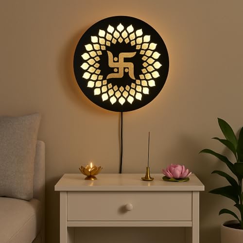 Image of Swastik LED Backlit Pooja Room Decor | Moon Wall Lights for Home Decoration | Wall Lamps for Bedroom & Living Room | No Adapter Required