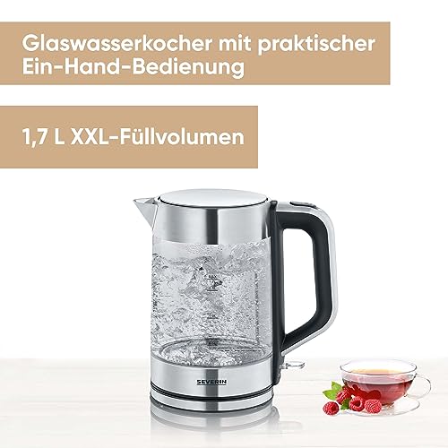 SEVERIN Wasserkocher Edelstahl, Glas, 1,7 L, 2200 W, 100 Prozent BPA frei, kompakt und leistungsstark, WK 3420