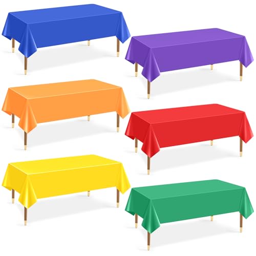 6Pcs Plastic Table Cloth Disposable, Assorted Color Rainbow Tablecloth Colorful Neon Rectangle Bulk Solid Table Cover for Birthday Wedding Graduation Picnic Fiesta Home Party Decorations(54x72 Inch)
