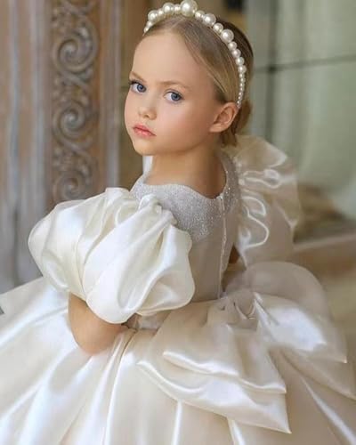 Satin Pageant Dresses for Girls Long Puffy Tulle Flower Girl Dress for Wedding Toddler Princess Gowns with Bow FAY154