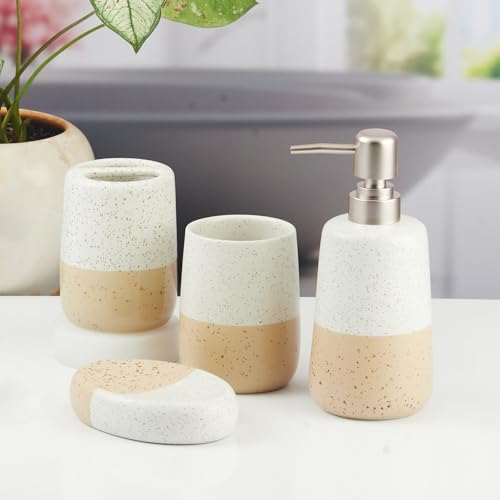 Image of SaSaSa Ceramic Bathroom Accessories Set of 4 Modern Bath Set with Soap Dispenser & Toothbrush Holder, Luxury Home & Gift Idea (11500)