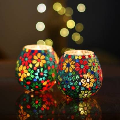 The Paradise Set of 2 Tea Light Candle Holder Mosaic Glass Votives Turkish Design Diwali Gift Candle Tealight Votive Holder Handmade Decorative Items for Home (Multicolor 1) at Rs. 349