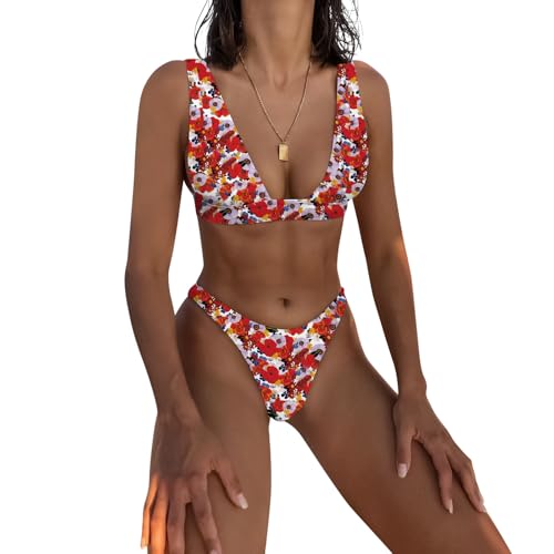Image of Bathing Suits for Women Deep V Neck Sexy Two Piece Bikini Sets for Women Thong Halter Cheeky Swimsuit
