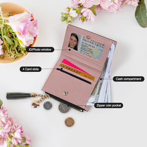 Image of KOTORA Womens Small Wallet Girls Tiny Slim Wallets Pretty Mini Card Holder Thin Short Zip Coin Purse with Love Pendant and Tassels (Black)