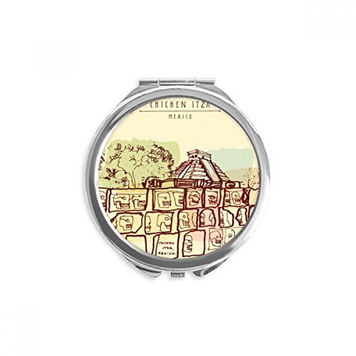 Miroir rond de poche Mexique Chichén Itzá accessoire maquillage nomade dessin fait main