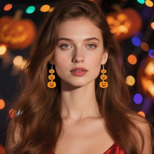 nanafast Halloween Earrings for Women, Cute Acrylic Pumpkin Dangle Earrings, Spooky Halloween Party Costume Accessories2