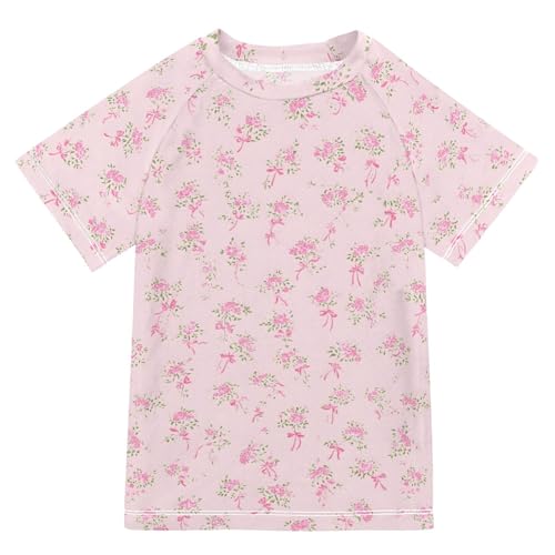 ALAZA Kids Rash Guard Girls Toddler Swim Shirts Short Sleeve Pink Small Floral UPF 50+ 3T