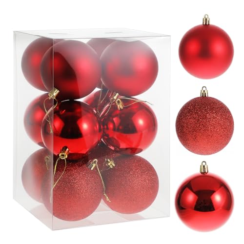 RELONGGI Christmas Ball Ornaments, 12pcs 8cm/3.2' Pre-Strung Xmas Tree Decorations,Holiday Hanging Balls-3 Style Shatterproof Plastic Ball Ornaments (Red, XLarge)