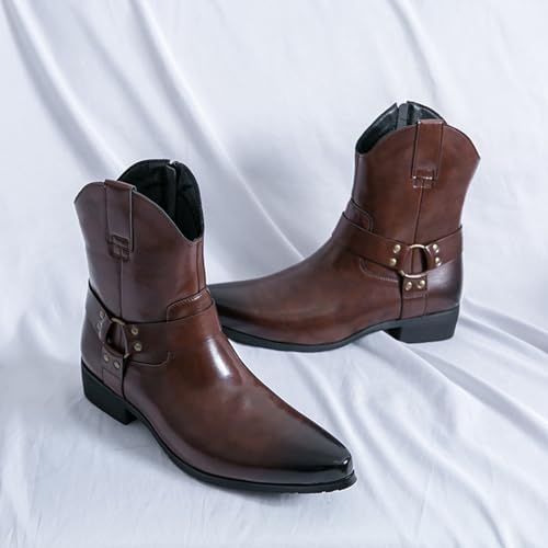Men's Western Cowboy Boots - Fashion Pointed Toe Chunky Low Heel Belt Buckle Side Zipper Ankle Retro Classic Anti-Slip Short Boots3
