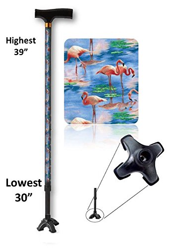 Walking Cane Adjustable T Handle with Footed Cane Tip Pink Flamingo Design