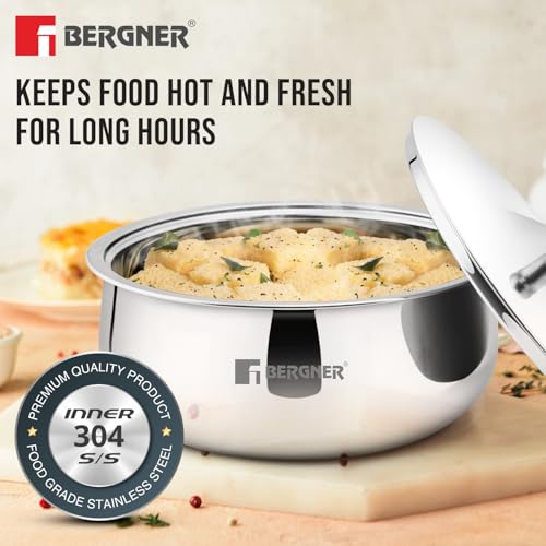 Image of Bergner Vienna Stainless Steel Hot Pot, 19cm /1L Double Walled Serving Casserole with PU Insulated Stainless Steel Lid, Chapati Box, Cast Steel Knob, Food Grade, Keeps Food Hot for Long Hours