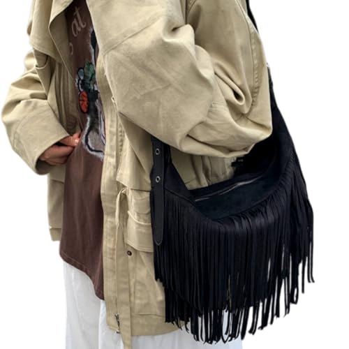 Image of Women Vintage Suede Fringe Hobo Bag Tote Shoulder Bag Crossbody Bag and Hippie Western Cowgirl Purse Shoulder Bag