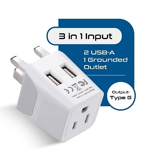 Image of Ceptics UK adapters for Travel to London, UAE, Hong Kong - USB-A, USB-C & USA Input - Ultra-Compact Grounded Type G Adapter - Use with Phones, Laptops, Cameras